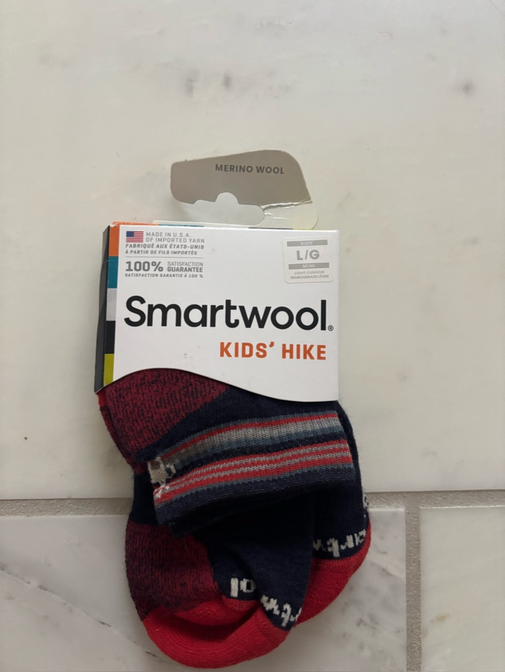new Smart Wool Kids' Striped Crew Socks - Red, Navy & Gray sz large hiking